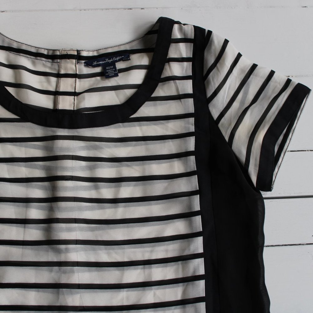 Sheer Black and White Stripe Short Sleeve Blouse